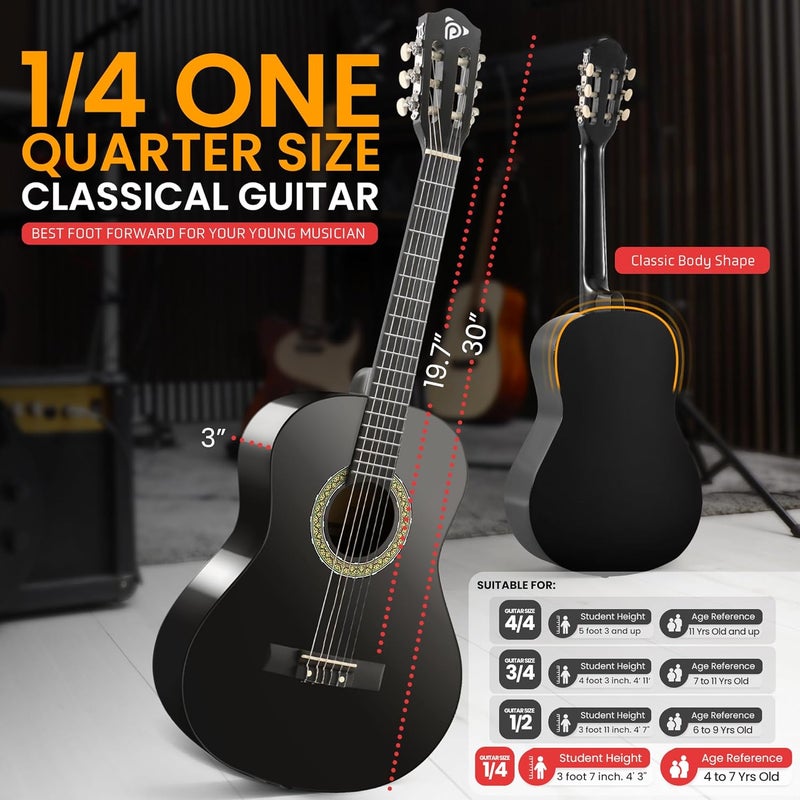 Pyle Beginner Acoustic Guitar Kit, 1/4 Junior Size All Wood Instrument for Kids, Adults, 30" Black Matte - Image 3